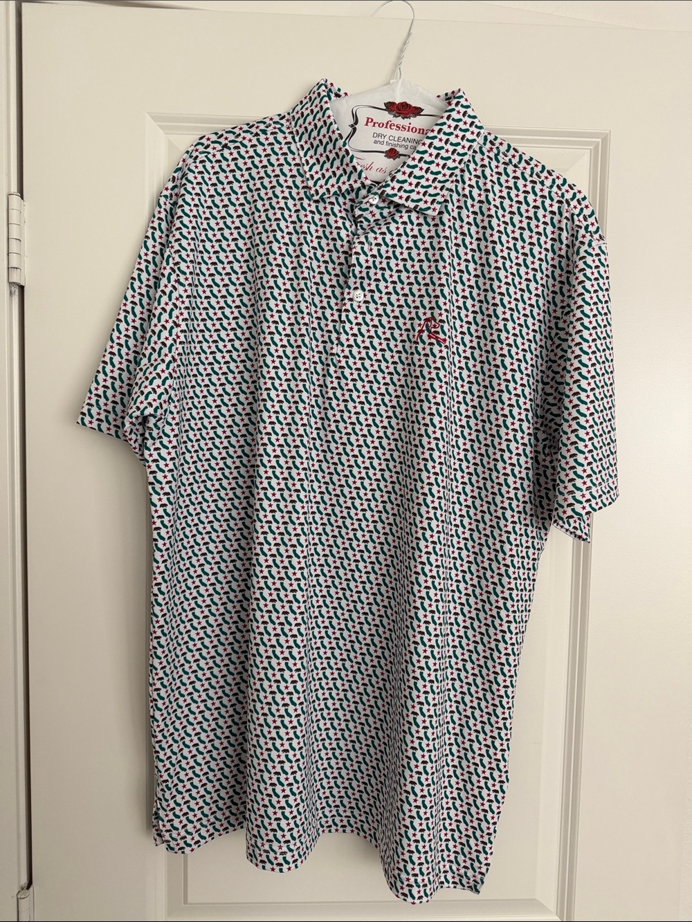 Men's Patterned Polo Shirt - White with Green & Red Accents